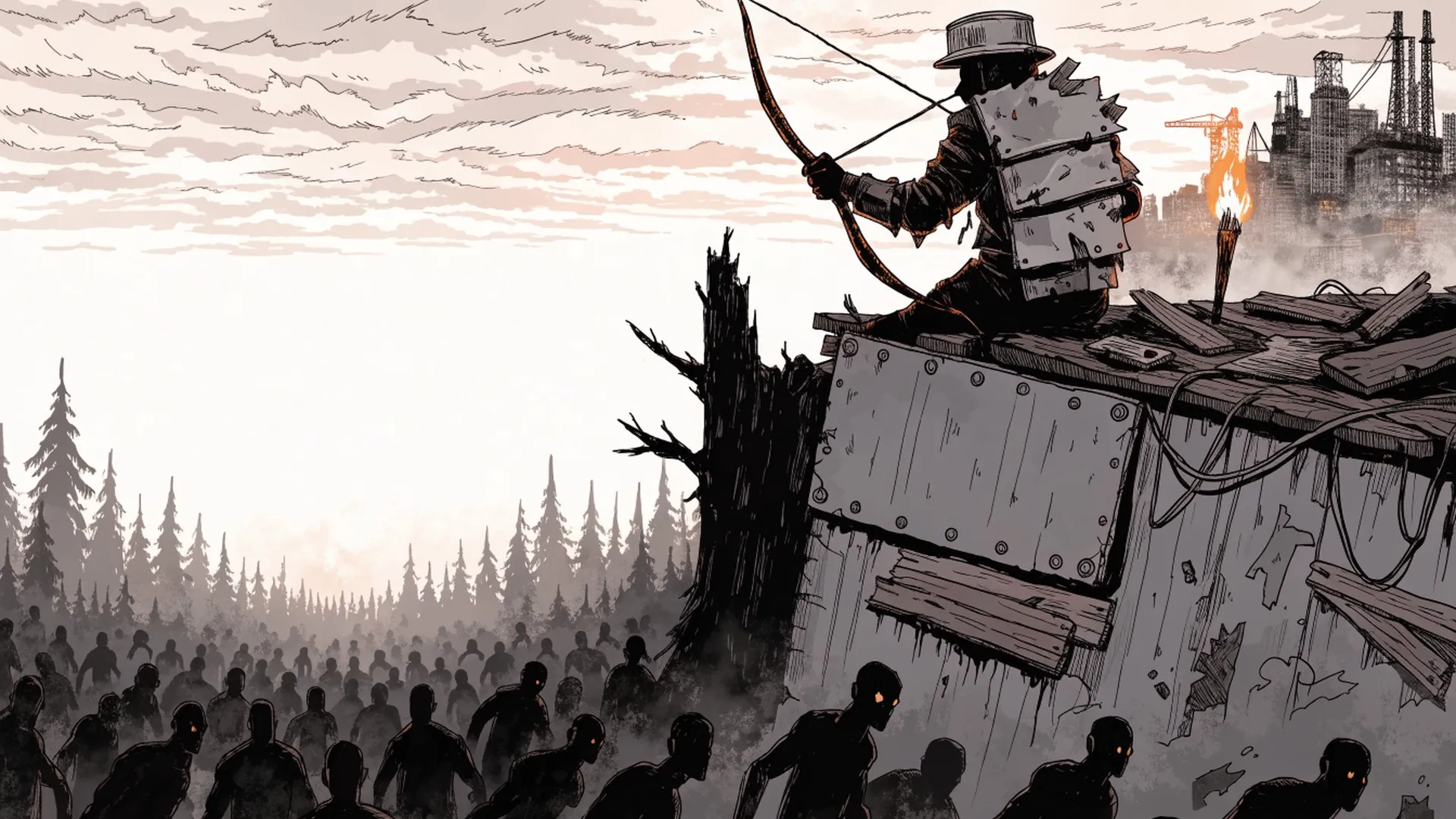 Ink illustration: a survivor with a bow on a scrap-metal wall above a horde of zombies