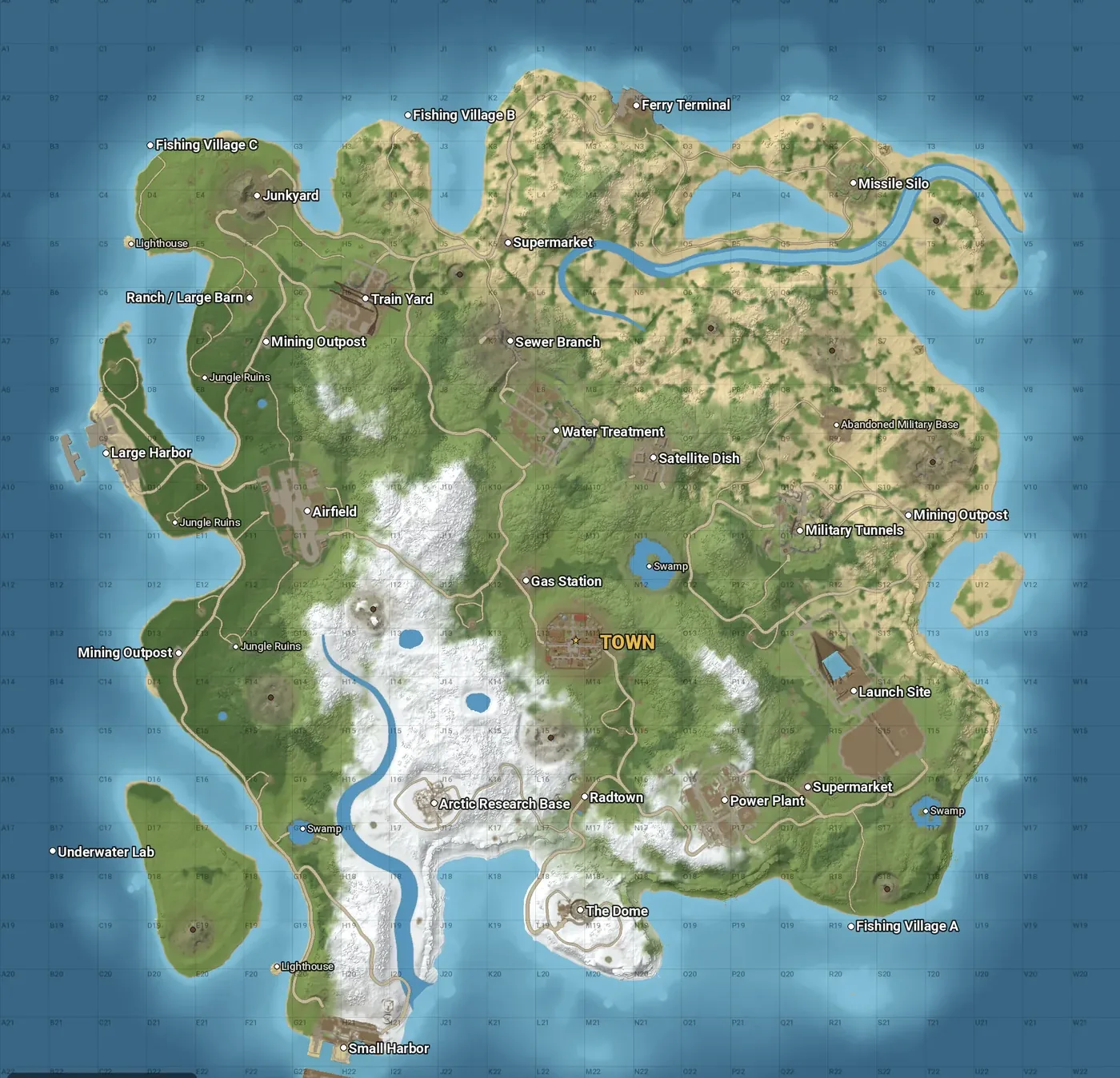This wipe's map: a 3.5 km procedural island with the Town in the middle