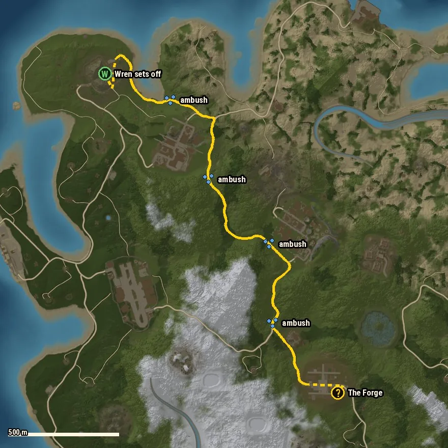Map of The Long Road: escort Wren and the pack horse out of the Junkyard along the road