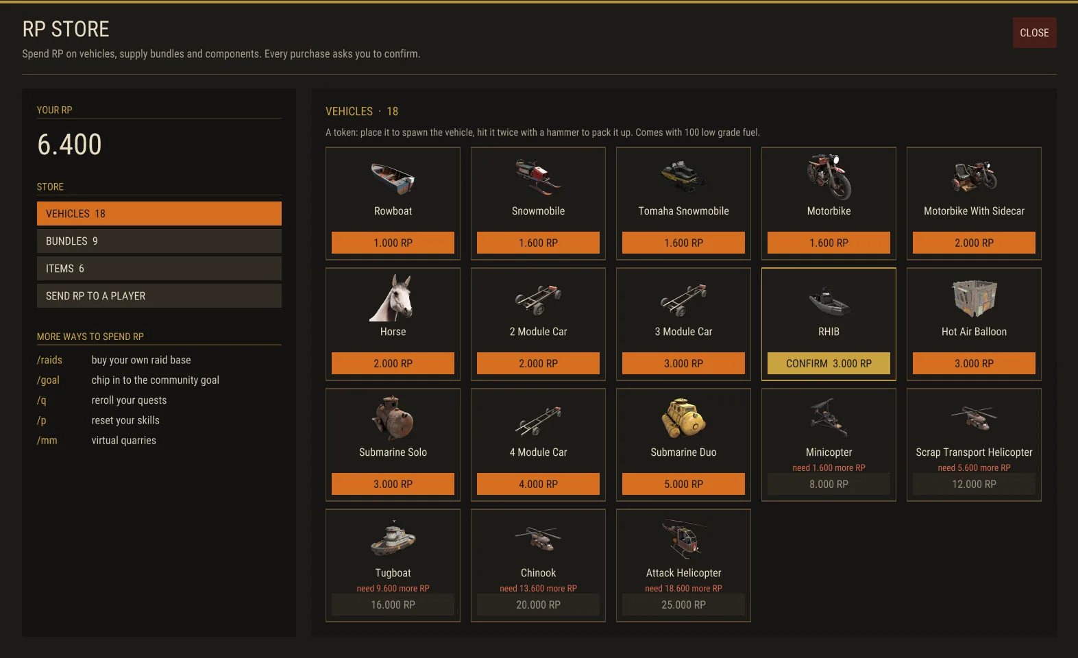 The in-game RP Store window listing vehicles from a rowboat to an attack helicopter