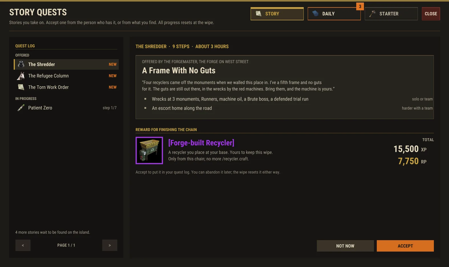 The Story Quests window offering The Shredder, a 9-step chain that ends with a Forge-built Recycler