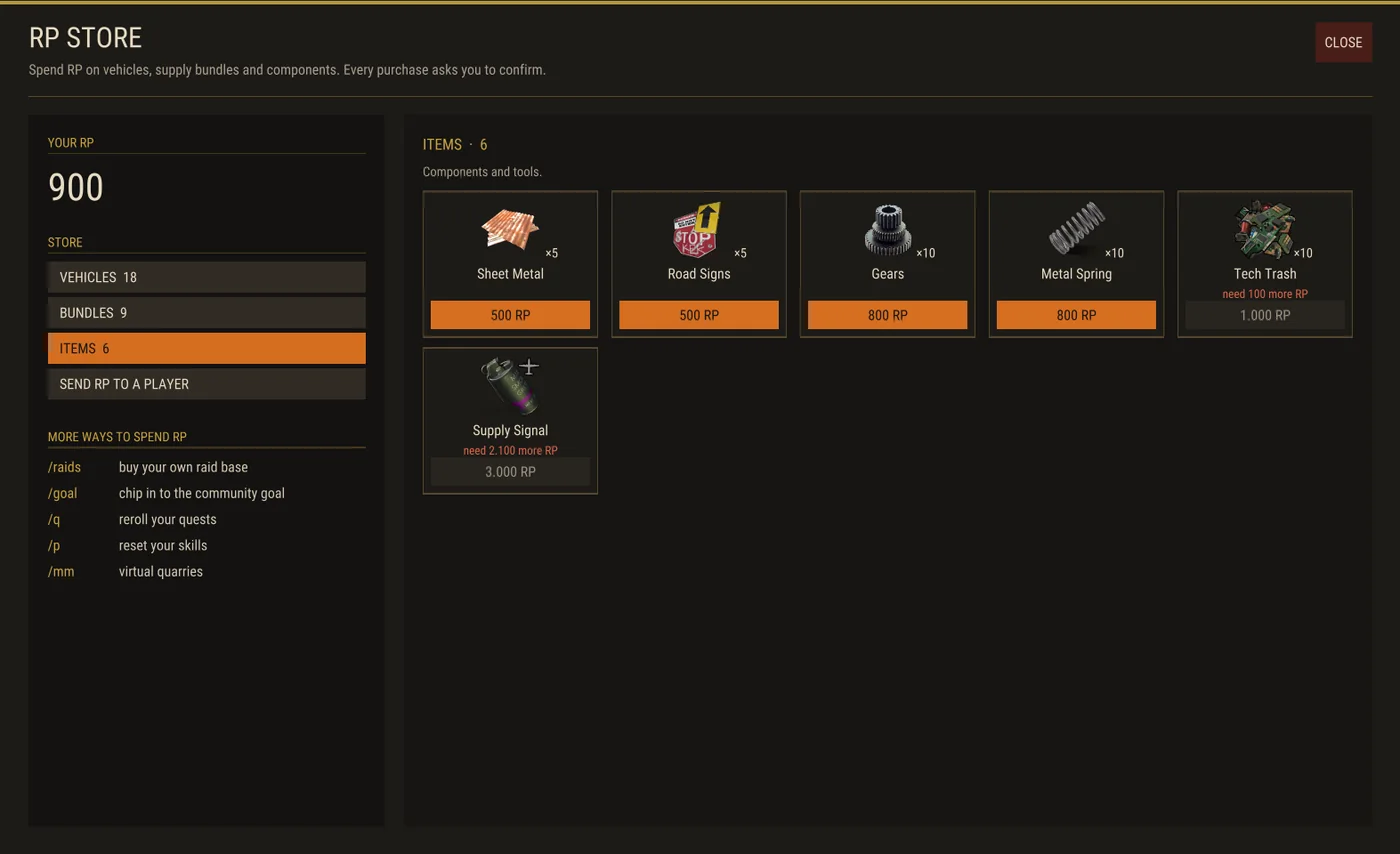 The Items tab of the RP store