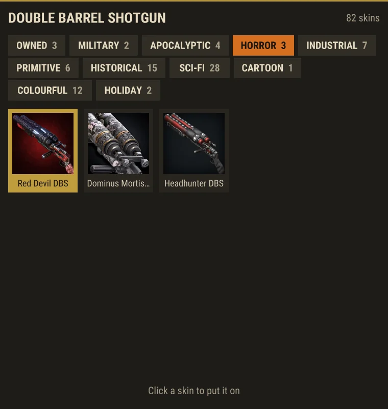 The /skin window with skins for a double barrel shotgun, sorted into tabs