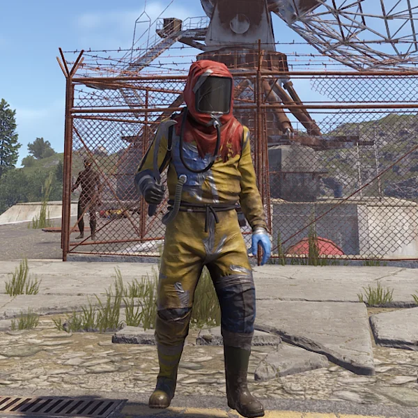 Carrier zombie in a yellow hazmat suit with a red hood, in front of the satellite dish